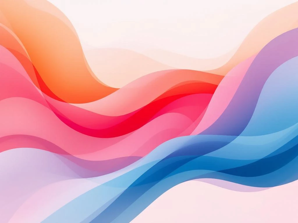 Abstracte digitale compositie met vloeiende curves en geometrische vormen in blauw, roze en oranje tinten