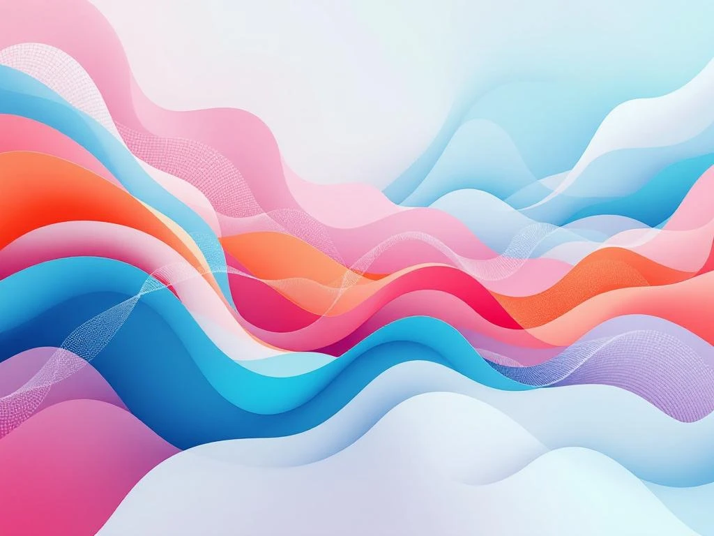 Abstracte digitale compositie met vloeiende vormen in blauw, roze en oranje met data-elementen voor werkgeversmerk