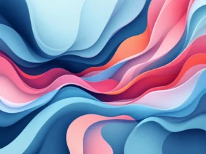 Abstracte digitale compositie met vloeiende organische vormen in lichtblauw, roze en oranje die verbinding symboliseren