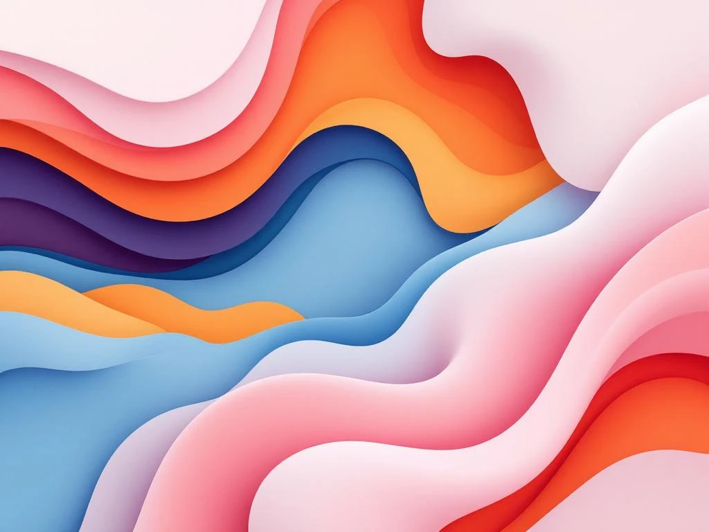 Abstracte compositie met vloeiende organische vormen in blauw, roze, oranje en wit met moderne gradiënten