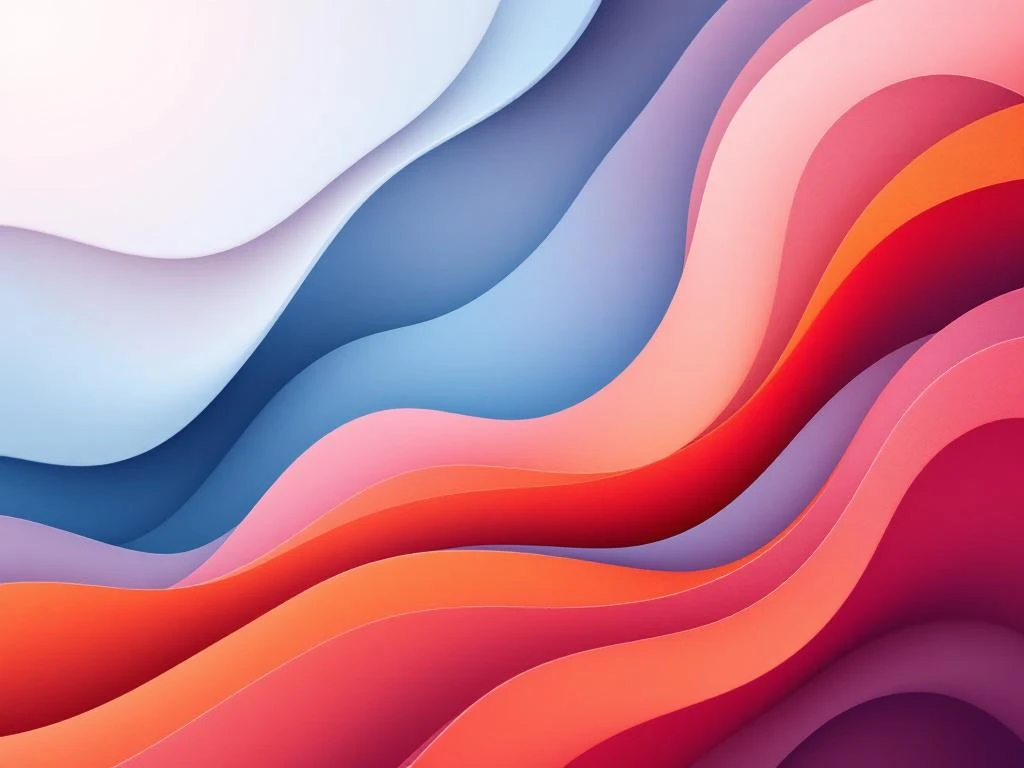 Abstracte compositie met vloeiende organische vormen in lichtblauw, roze, oranje en wit met gelaagde curves