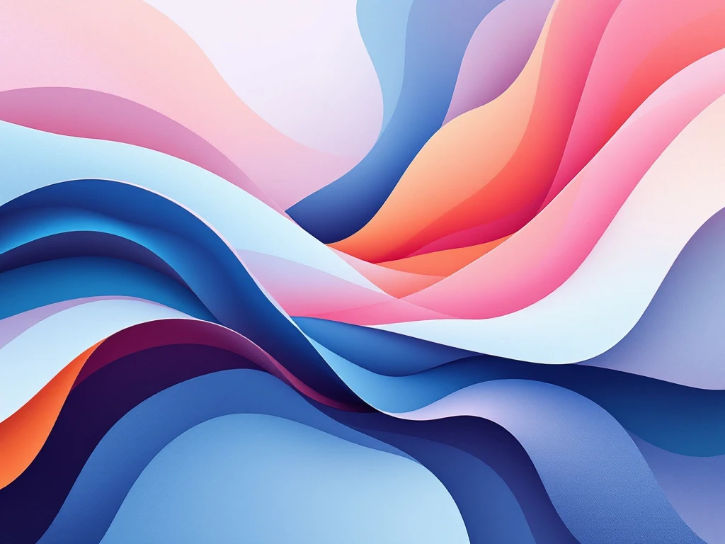 Abstracte compositie met vloeiende organische vormen in lichtblauw, roze, oranje en wit met moderne minimalistische stijl