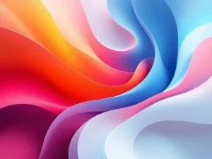 Abstracte compositie met vloeiende organische vormen in lichtblauw, roze, oranje en wit met moderne gradiënten