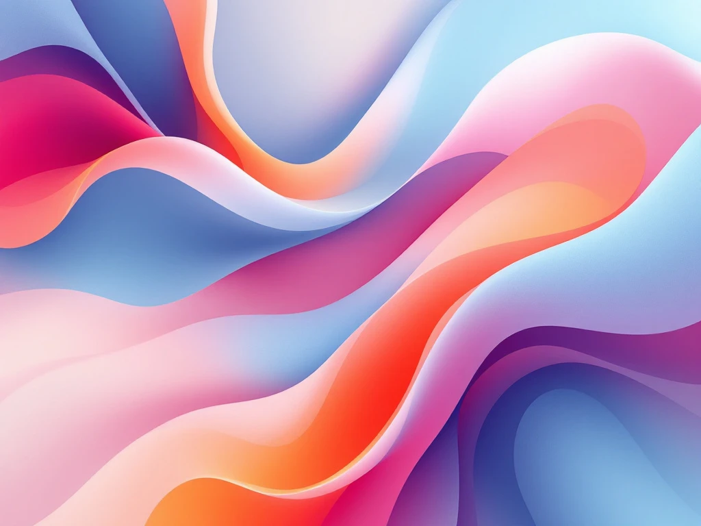 Abstracte compositie met vloeiende vormen in blauw, roze en oranje gradiënten die beweging en transformatie suggereren