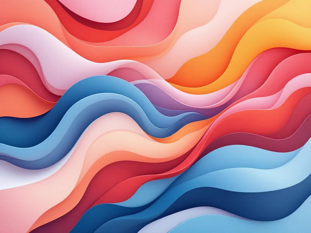 Abstracte compositie met vloeiende vormen in lichtblauw, roze en oranje die menselijke verbindingen symboliseren