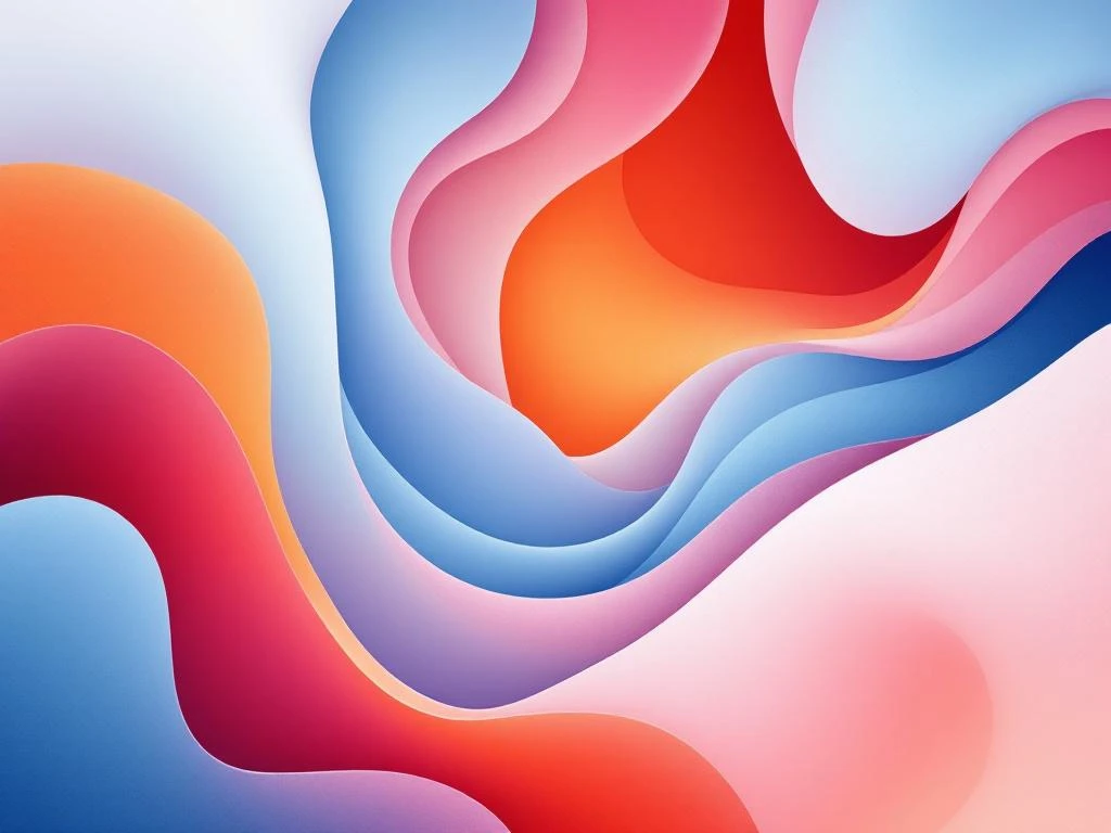 Abstracte compositie met vloeiende vormen in blauw, roze en oranje tinten die videobewerking en professionele content symboliseren