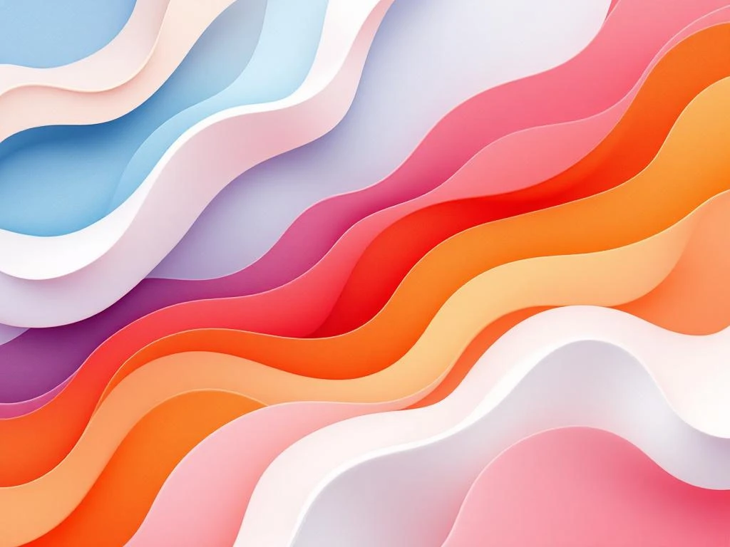 Abstracte compositie met vloeiende vormen in lichtblauw, roze en oranje met geïntegreerde video-afspeelelementen